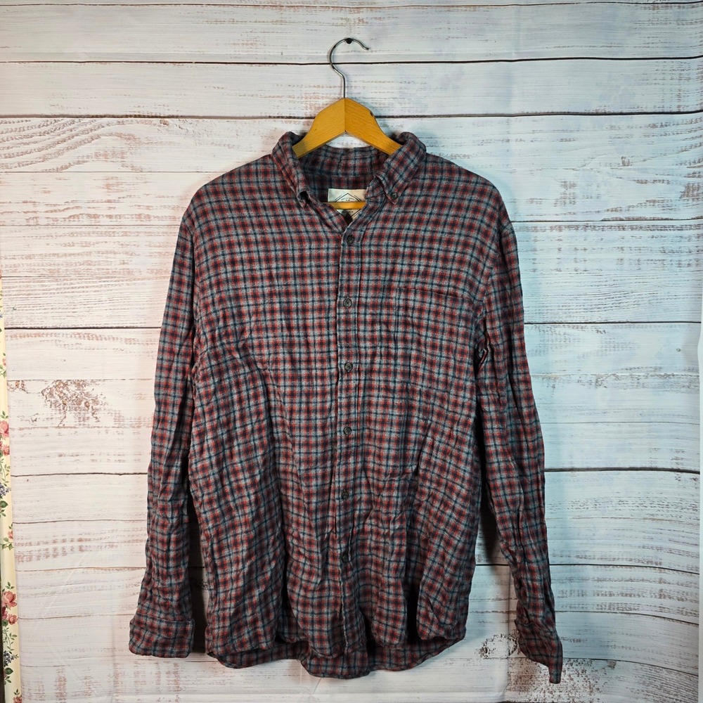St. John's Bay Men's Large Plaid Flannel Button Front Shirt 100% Cotton Red Blue